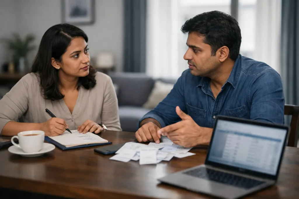 Husband asking wife for expenses during calm budget discussion at home