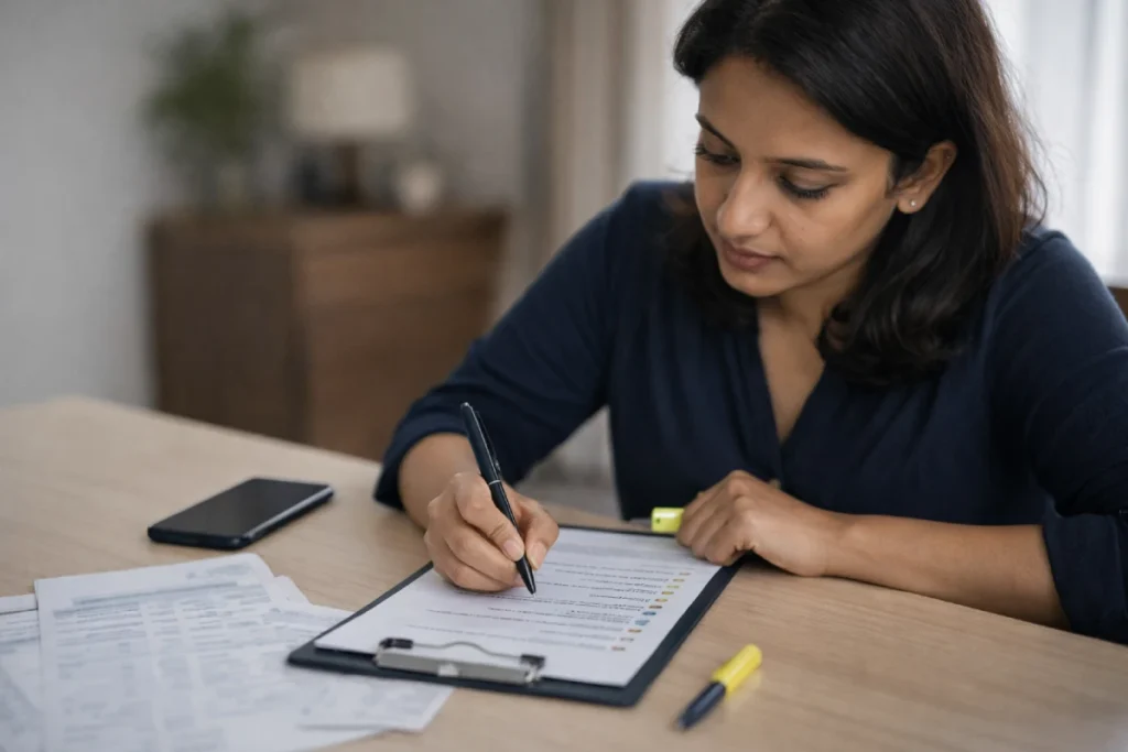 Checklist for handling financial disputes in marriage in India, documents blurred