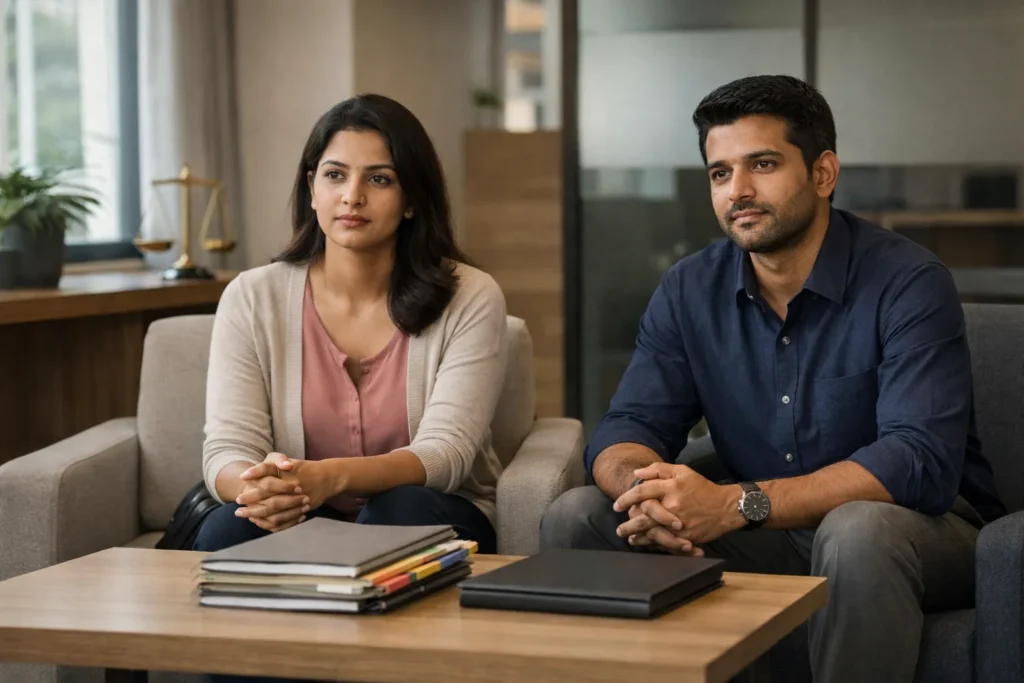 Indian couple in Bengaluru law office, difference between alimony and maintenanc