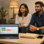 Indian couple checking family court case status Bengaluru on laptop
