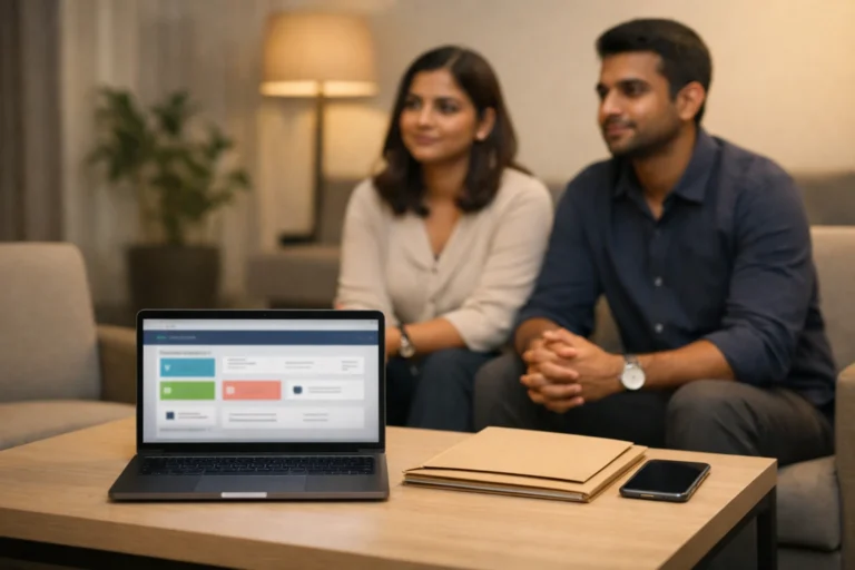 Indian couple checking family court case status Bengaluru on laptop