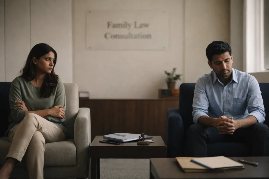 Indian couple in law office discussing Divorce vs annulment vs judicial separation