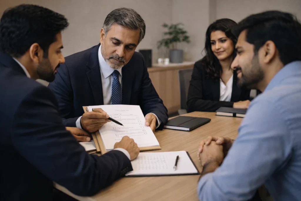Contested Divorce in Bangalore: legal team consults client in office