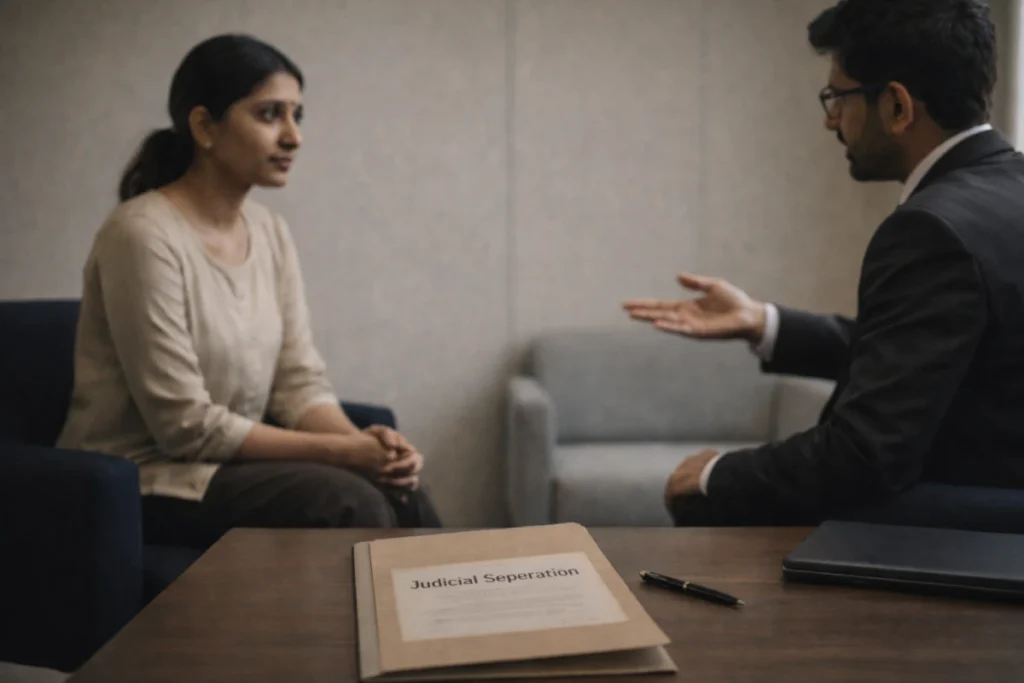 Indian woman consulting lawyer about judicial separation