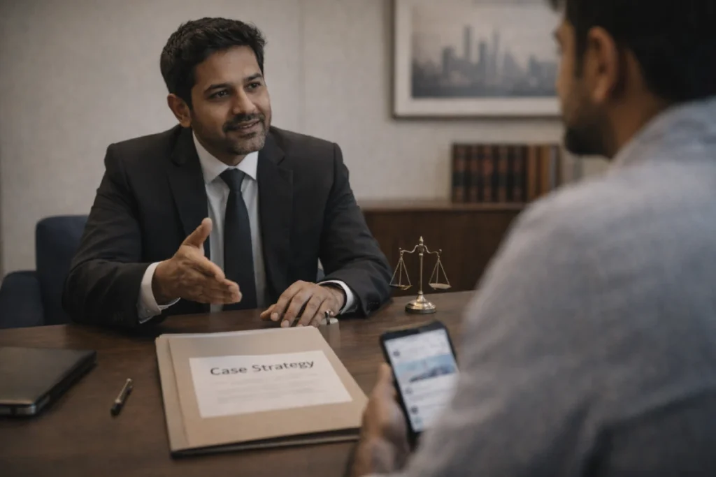 Senior Indian divorce lawyer discussing case strategy in Bengaluru