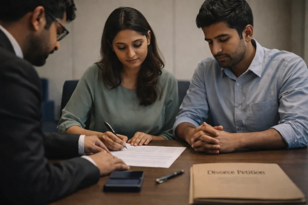Indian couple signing divorce petition in Bengaluru law office