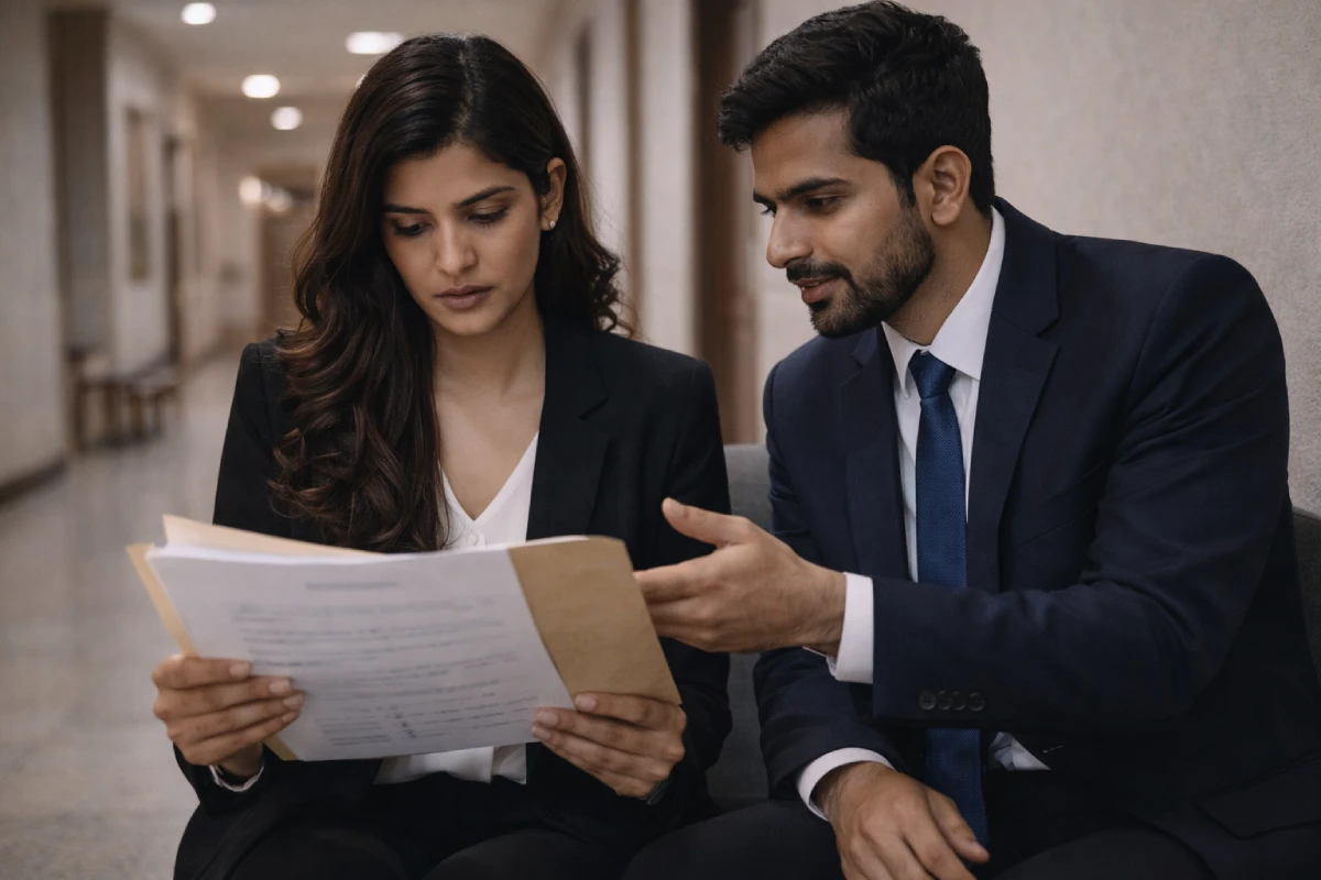 Contested divorce process: preparing evidence with lawyer at court corridor