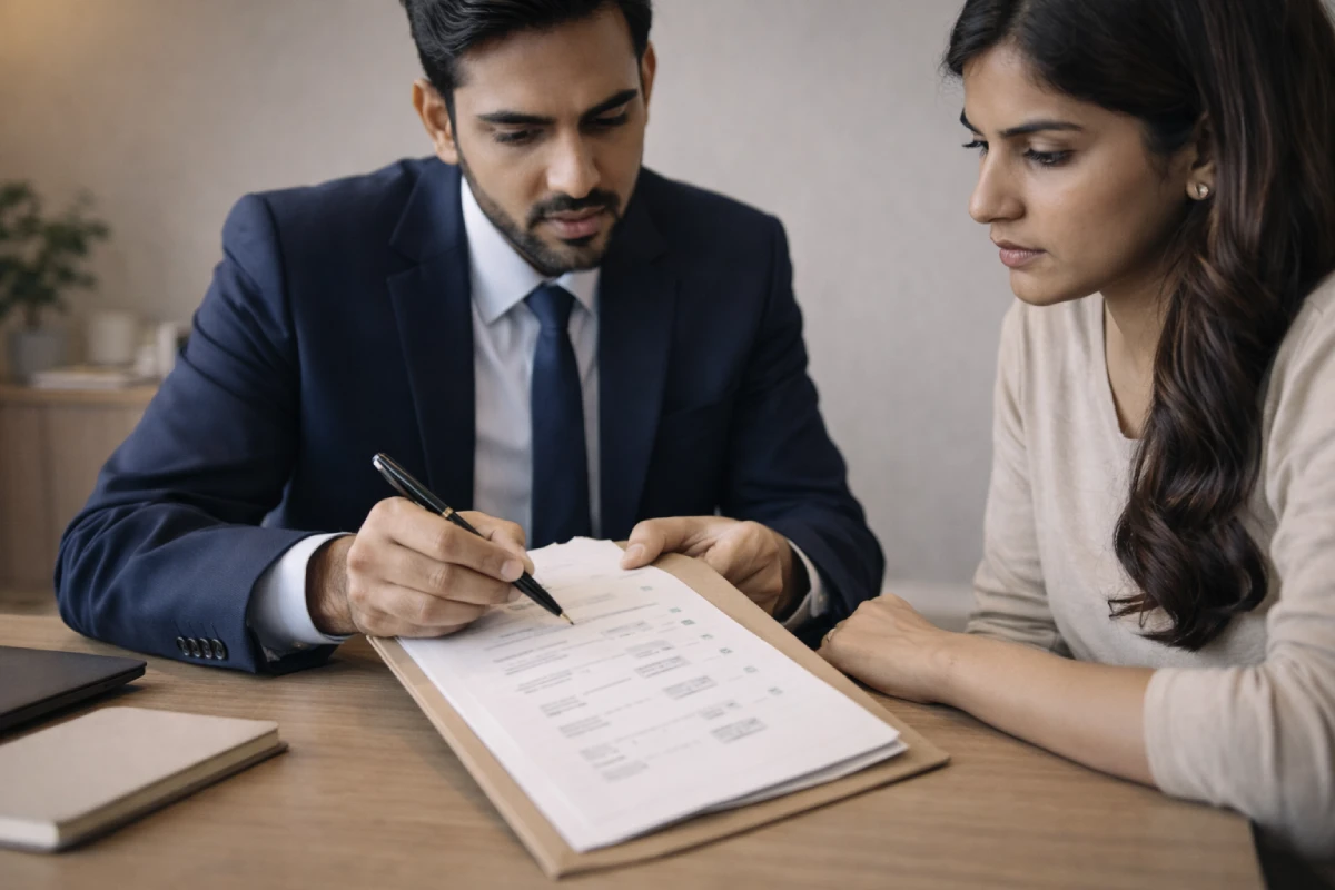 Contested divorce process: lawyer reviewing divorce petition draft with client