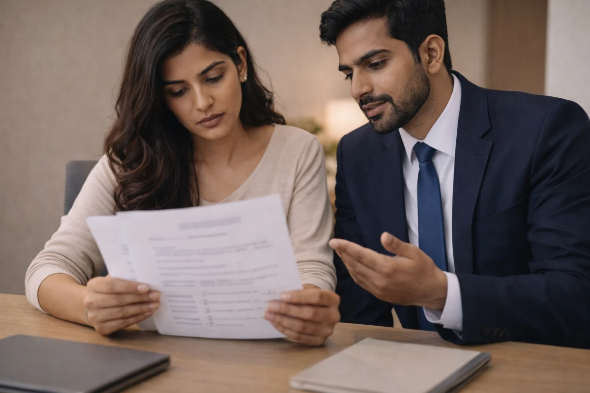 Contested divorce process: client reading written statement with lawyer guidance