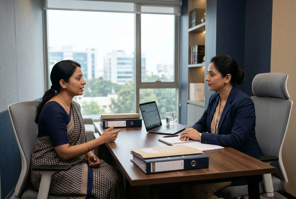 Indian woman discussing legal remedies with a family lawyer