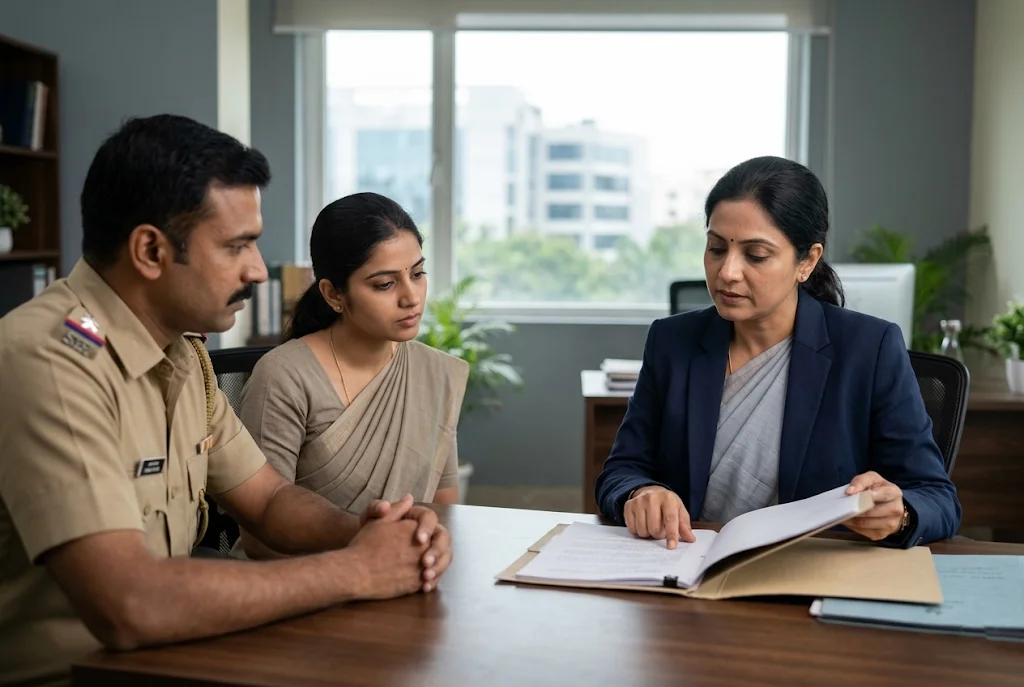 Indian lawyer explaining criminal legal options to a woman