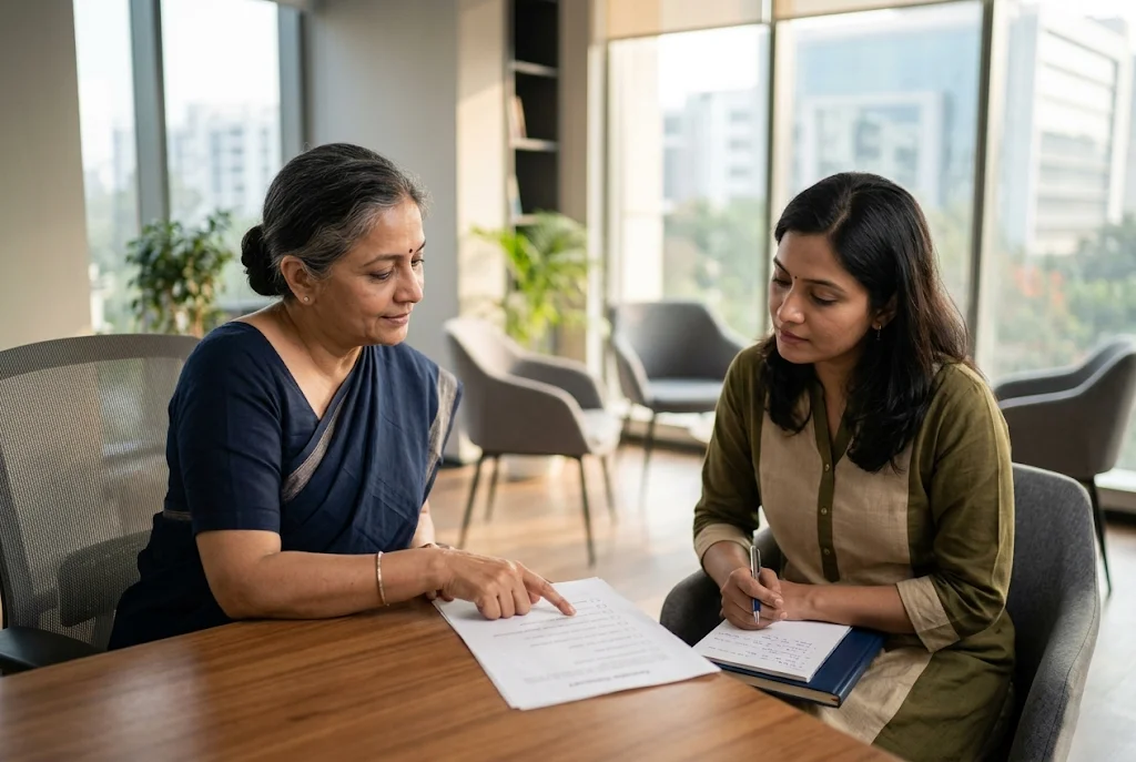 Indian woman receiving early legal advice from a divorce lawyer